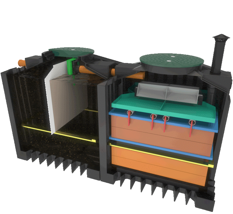 Sch&eacute;ma fonctionnement filtre compact ClearFox By Breizho biofilm assainissement non collectif